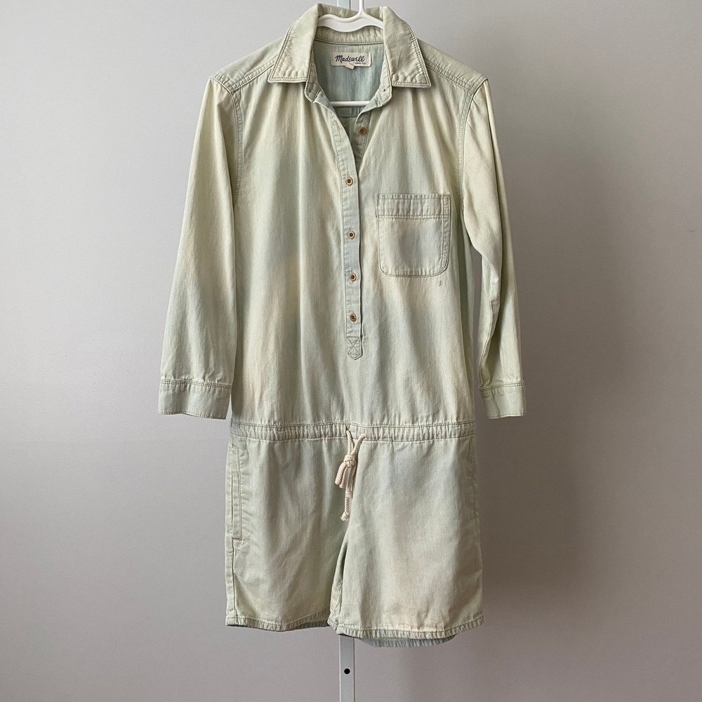 Madewell S Preppy Light Wash Blue Denim Romper Drawstring‎ Waist Utility Jumper